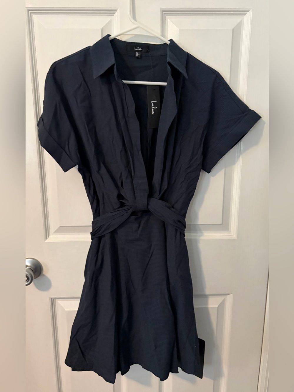 Lulu's Navy Button-Front Tie-Waist Shirt Dress